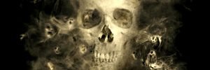 eerie skull with smoky demons