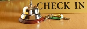 Vintage old hotel bell on the table